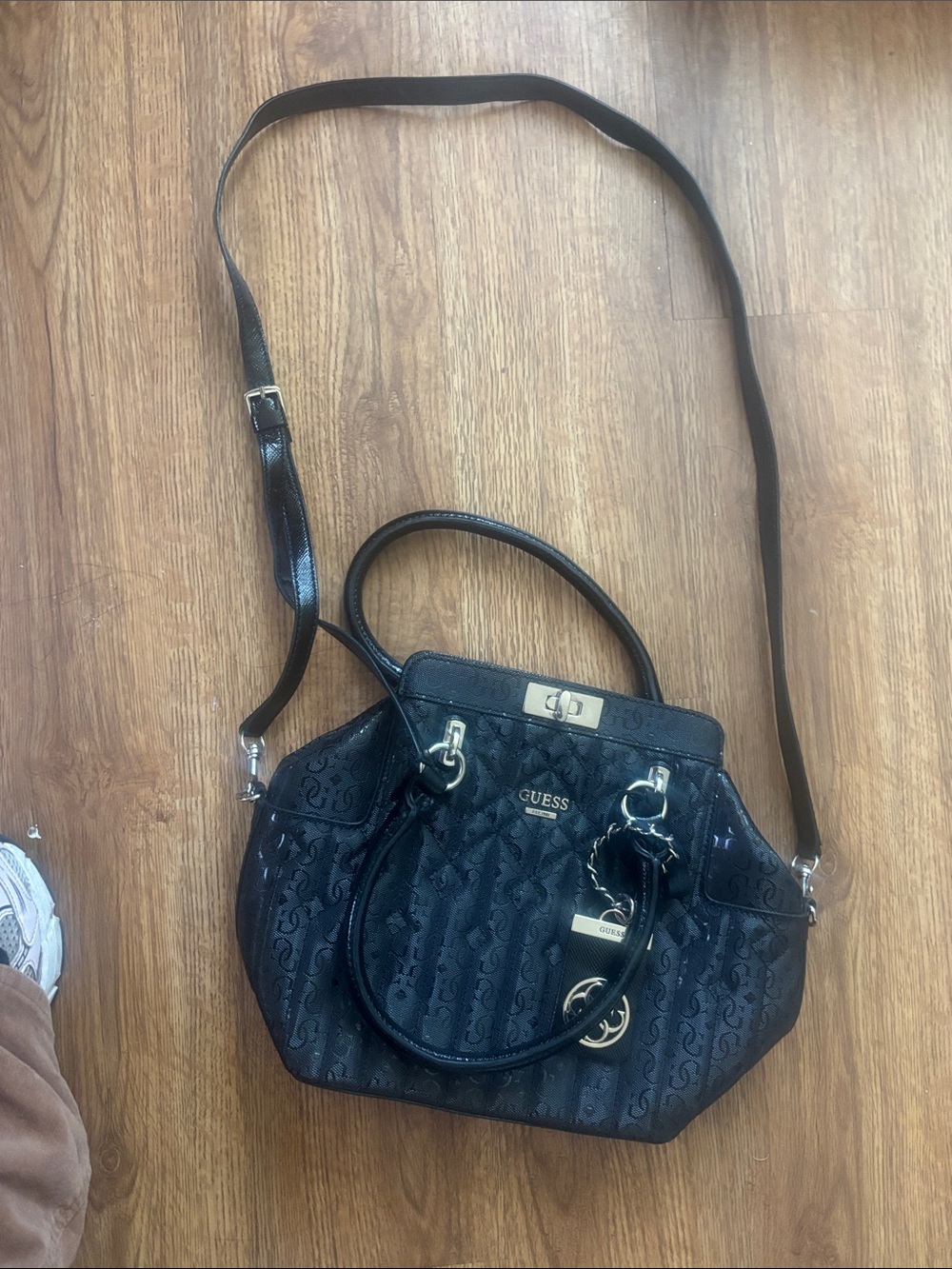 GUESS Black Logo-Print Satchel with Detachable Strap